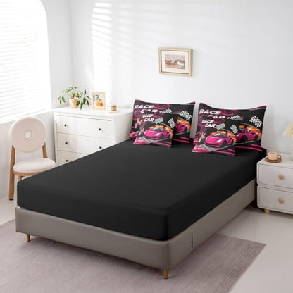 Feelyou Rose Pink Race car Comforter Set Full Size 7 Pcs Bedding Set Kids