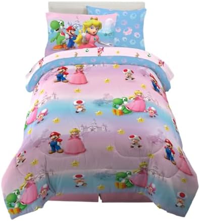 Super Mario Girl Princess Peach Girl Gamer Kids Bedding Super Soft & Cozy Reversible Microfiber Comforter and Sheet Set with Sham, 5 Piece Twin Size, (Officially Licensed Product) By Franco