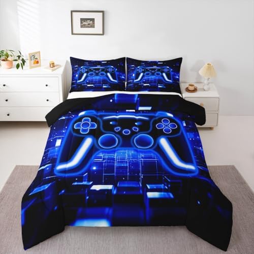 Erosebridal Gamer Comforter Set Gaming King Bedding Set, Neon Lights Video Game Console Comforter Blue Brick Cube Duvet Insert,Gamer Decor for Boys Bedroom