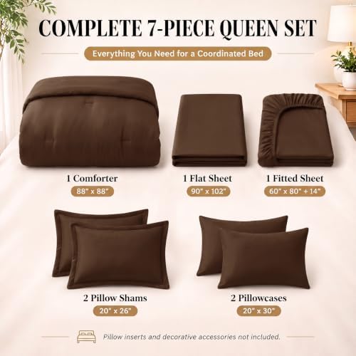 CozyLux Queen Comforter Set Brown, 7 Pieces Bed in a Bag