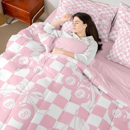 Erosebridal Pink Fashion Y2K King Bedding Set 7 Piece For Girls Room Decor,Girly Coquette Bowknot Comforter Set For Kids Teen Women,Cherry Lucky 8 Ball Bed In A Bag With Sheets Cute Pink Plaid Bed Set