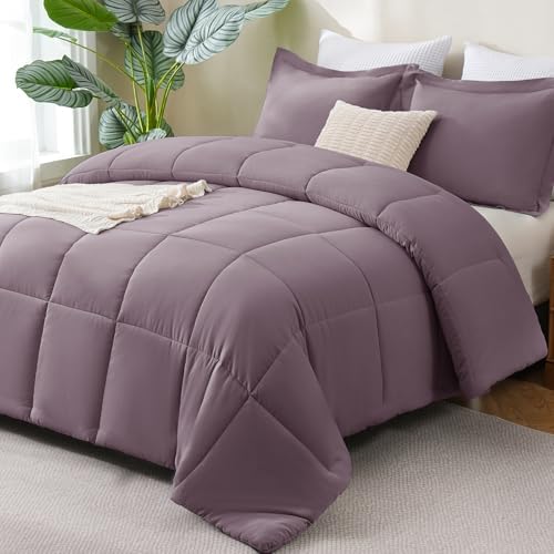 CozyLux Queen Size Comforter Set, 3-Piece Box-Stitched, Dusty Purple