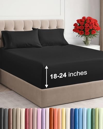 Extra Deep Twin Sheet Set - 4 Piece Breathable and Cooling Sheets - Black