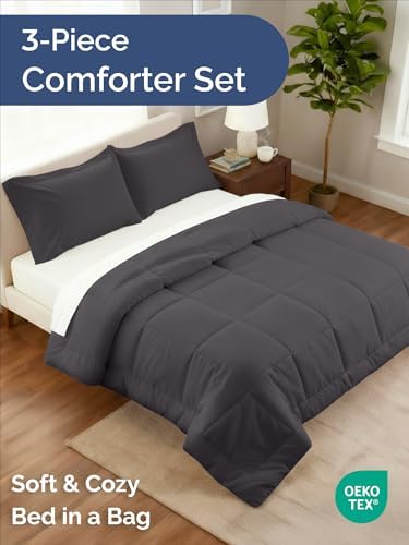 Full Comforter Set - Dark Grey Bedding for All Seasons - 3 Piece Bed Set