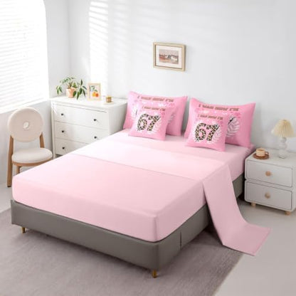 Erosebridal Six Seven Queen Bedding Sets for Girls Leopard Print 67 Comforter Set 7 Piece for Kids Birthday Gifts,Cartoon 67 Number Print Bed in A Bag Pink Kawaii Princess Sheet Set with Comforter