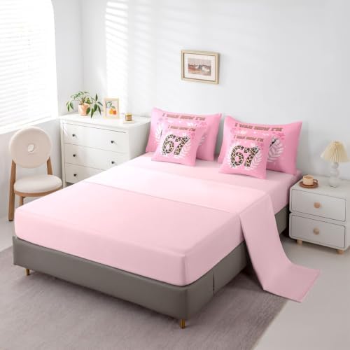 Erosebridal Six Seven Full Bedding Sets for Girls Leopard Print 67 Comforter Set 7 Piece for Kids Birthday Gifts,Cartoon 67 Number Print Bed in A Bag Pink Kawaii Princess Sheet Set with Comforter