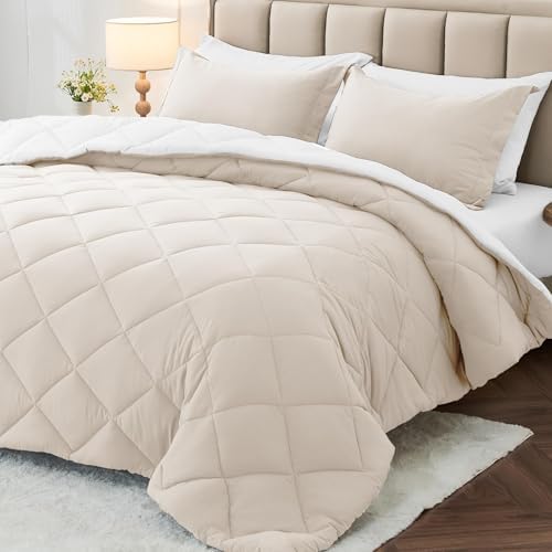 MUXHOMO 5 Pieces Twin Comforter Set, Reversible Bed in a Bag Twin Size, All Season Bedding Set with Comforter, Flat Sheet, Fitted Sheet, Pillowcases & Shams, Beige & White