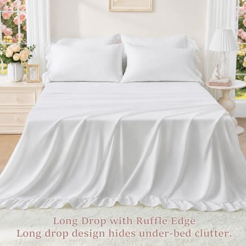 FUANNA King Sheets 4 Pieces - White Sheets with 4-Inch Ruffles Bed Skirt