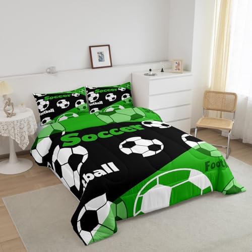 Manfei Boys Soccer Comforter Set King Size, Football Gaming Bedding Set 3pcs, Sports Theme Green Black Down Comforter All Season, Kids Teens Adult Room Decor, Soft and Lightweight, 2 Pillowcases