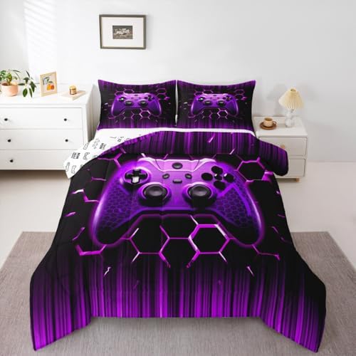 Manfei Geometric Gamepad Comforter Set Twin Size, Modern Gamer Bedding Set 2pcs for Kids Boy Girls Game Room Decor, Purple Honeycomb Gaming Down Comforter Videogame Quilt Set with 1 Pillowcase