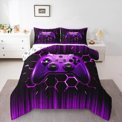 Manfei Geometric Gamepad Comforter Set Twin Size, Modern Gamer Bedding Set 2pcs for Kids Boy Girls Game Room Decor, Purple Honeycomb Gaming Down Comforter Videogame Quilt Set with 1 Pillowcase