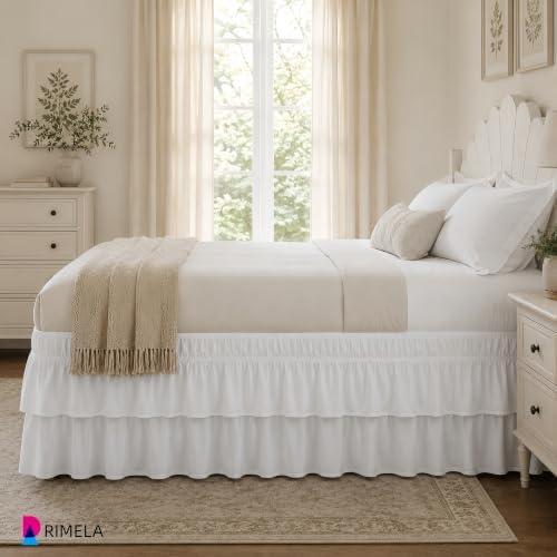 RIMELA Ruffle Bed Skirt White Full 14 Inch Drop, Elastic Wrap Around Bed Skirt Full Size, Easy to Install Dust Ruffle, Machine Washable Soft Fabric, Multi Ruffle Bedskirt