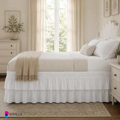 RIMELA Queen Size Wrap Around Bed Skirt, 15 Inch Drop White Double Layer Tiered Ruffle Dust Ruffle, Soft Stretchy Elastic, Wrinkle Resistant, Easy Install No Tools Needed Bedskirt
