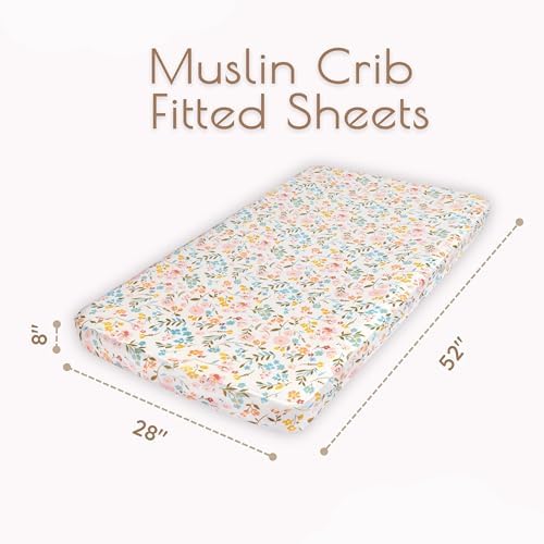 Muslin Cotton Crib Sheets for Girls, 2 Pack 52"x28" Fitted Baby Crib Sheet for Girl, Soft & Breathable Baby and Toddler Bed Sheets, Mattress Cover Muslin Cribs Sheet Set Nursery Gift Pink Floral