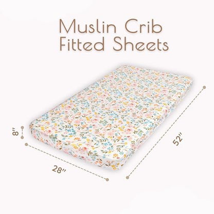 Muslin Cotton Crib Sheets for Girls, 2 Pack 52"x28" Fitted Baby Crib Sheet for Girl, Soft & Breathable Baby and Toddler Bed Sheets, Mattress Cover Muslin Cribs Sheet Set Nursery Gift Pink Floral