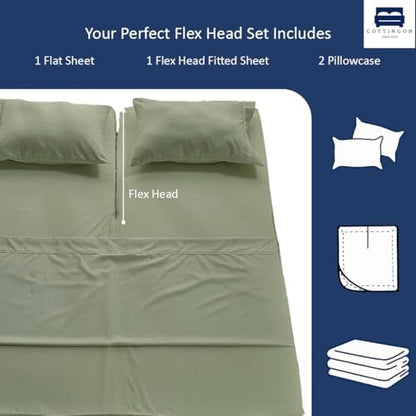 4 Piece Flex Head King Sheet Set 34" Top, 100% Egyptian Cotton, Sage