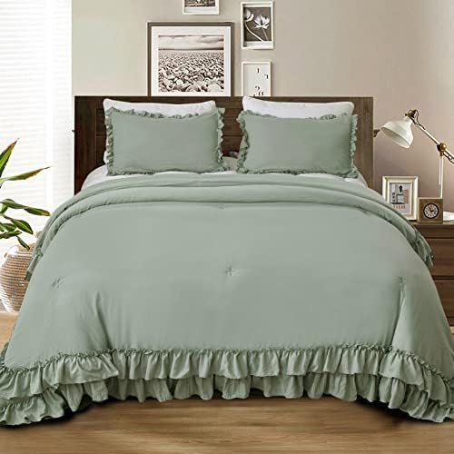 Masaca Green Ruffle Comforter Set Queen,Vintage Farmhouse Shabby Ruffled Chic Bedding Comforter,Rustic Aesthetic Bedding 3 Pieces Women Girls Bedroom Vintage Bed Comforter