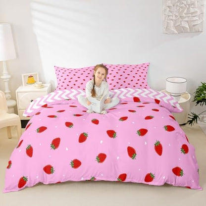 Kawaii Bedding, Pink Strawberry Decor Comforter Cover Set, for Women Girls Kids Kawaii Room Decor, Cute Strawberry Bedding Sets Soft Reversible Cute Kawaii Strawberry Duvet Cover, Twin Size