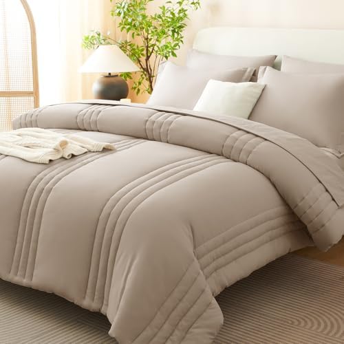 CozyLux Queen Comforter Set Wheat - 7 Pieces Vertical Quilted Bed in a Bag