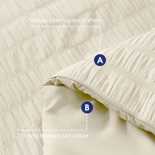 FreshCulture Comforter Set Seersucker 7 Pieces, All Season Bedding Set California King, Bed in a Bag Set with 1 Comforter, 1 Flat Sheet, 1 Fitted Sheet, 2 Pillowcases and 2 Pillow Shams, Ivory