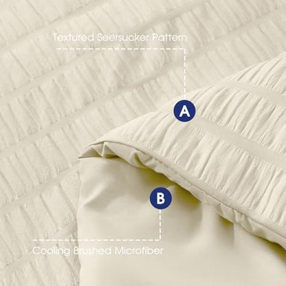 FreshCulture Comforter Set Seersucker 7 Pieces, All Season Bedding Set California King, Bed in a Bag Set with 1 Comforter, 1 Flat Sheet, 1 Fitted Sheet, 2 Pillowcases and 2 Pillow Shams, Ivory