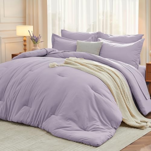 MUXHOMO 7 Pieces Oversized Queen Comforter Set, Soft Bed in a Bag Oversized Queen Size, All Season Bedding Set with Comforter, Flat Sheet, Fitted Sheet, Pillowcases & Shams, Lavender