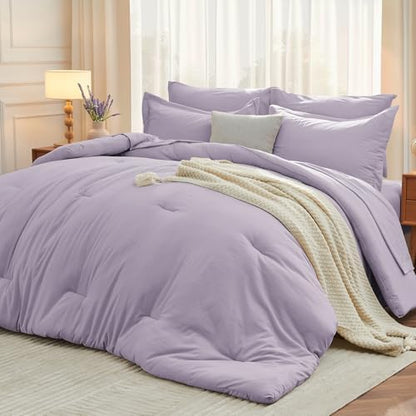 MUXHOMO 7 Pieces Oversized Queen Comforter Set, Soft Bed in a Bag Oversized Queen Size, All Season Bedding Set with Comforter, Flat Sheet, Fitted Sheet, Pillowcases & Shams, Lavender