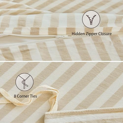 Striped Duvet Cover Set Full Size 100% Washed Cotton Linen Feel 3 Piece Bedding Set Comfy Breathable (Full, Classic Stripe-Beige/White)