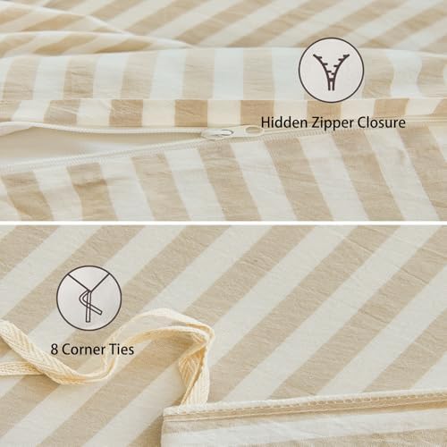Striped Duvet Cover Set King Size 100% Washed Cotton Linen Feel 3 Piece Bedding Set Comfy Breathable (King, Classic Stripe-Beige/White)