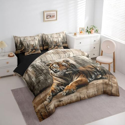 Erosebridal 3D Tiger Queen Comforter Set with Sheets 7 Piece Wild Animals Bed in A Bag Natural Hunting Wildlife Bedding Sets for Men Adults Vintage Woodland Forest Bed Set