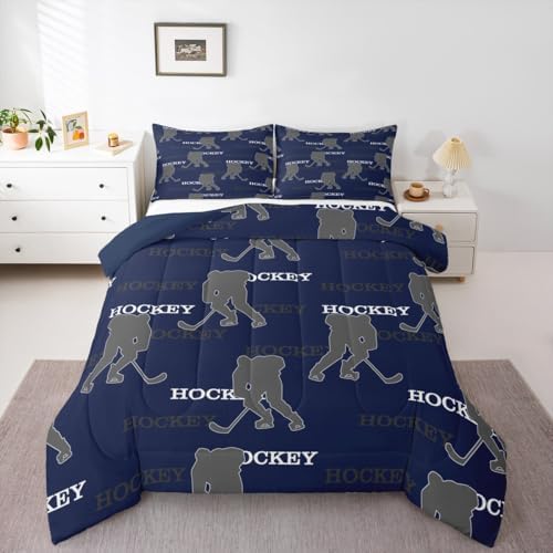 Manfei Hockey Players Kids Comforter Set Queen Size, Bedding Set,Girls Boys Room Decor,Competitive Games Teamwork Quilt Comforter,Dark Blue Gray Duvet Set Bedroom Quilt Set,2 Pillowcases
