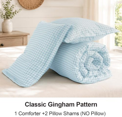 King Comforter Set, Fluffy Seafoam Gingham Plaid Bedding, 3 Pieces