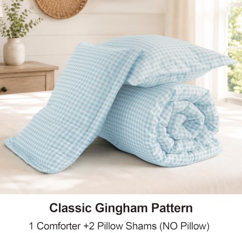 Full Comforter Set, Fluffy Seafoam Gingham Plaid Bedding, 3 Pieces
