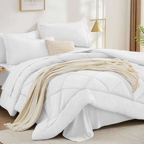 FUANNA Full Size Comforter Sets 7 Pieces, White Bed Set, Soft Bed in a Bag
