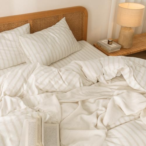 BESTOUCH Striped Cotton Duvet Cover Set Linen Feel Twin