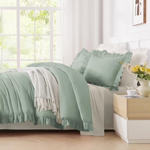 Andency Green Ruffle Comforter Twin Size, 2 Pieces Soft Bed Set