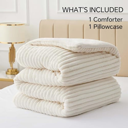 BEDELITE Fleece Twin/Twin XL Comforter Set, Fluffy Bed Set, Cream White