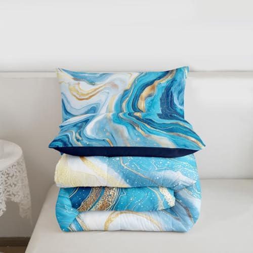 jejeloiu Teal Marble Kids Comforter Set King Size Modern Marble Aesthetic Bedding Set Retro Watercolor Duvet Quilt for Kids Boys Girls Bedroom Abstract Texture Decor Microfiber Ultra Soft Breathable