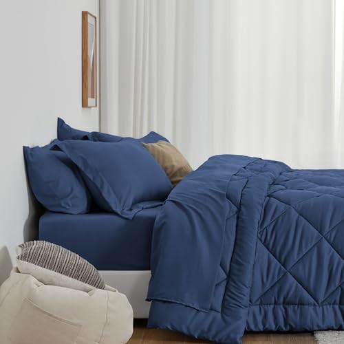 Love's cabin Twin XL Comforter Set Dark Blue, 5 Pieces Twin XL Bed in a Bag, All Season Bedding Sets with 1 Comforter, 1 Flat Sheet, 1 Fitted Sheet, 1 Pillowcase and 1 Pillow Sham