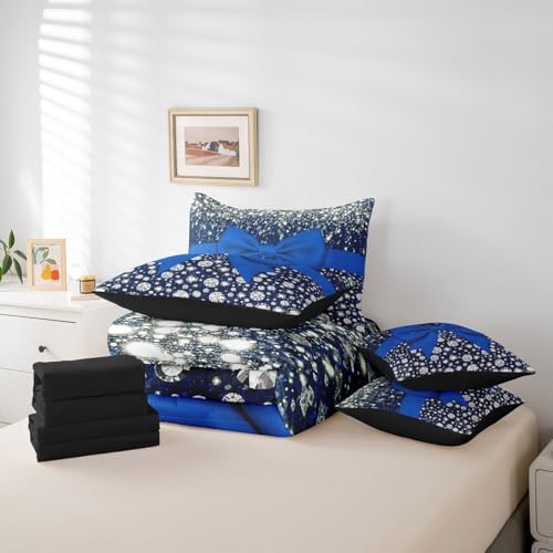 Blue Bowknot Bed in a Bag King Size Comforter Set 7 Pieces,Kawaii Bow Knot Bedding Set,Silk Ribbon Comforter and Sheet Set Glitter Sequin Print Diamond Bed Set,Dreamy Princess Style Cute Bedroom Decor