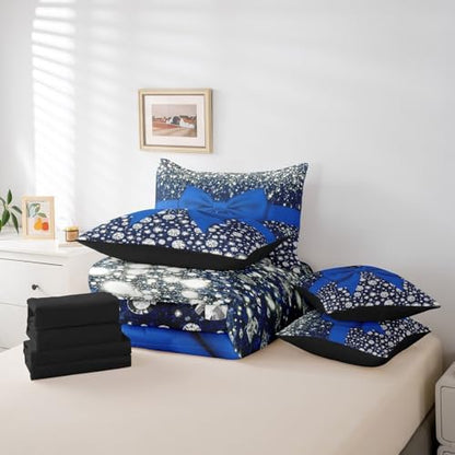Blue Bowknot Bed in a Bag King Size Comforter Set 7 Pieces,Kawaii Bow Knot Bedding Set,Silk Ribbon Comforter and Sheet Set Glitter Sequin Print Diamond Bed Set,Dreamy Princess Style Cute Bedroom Decor