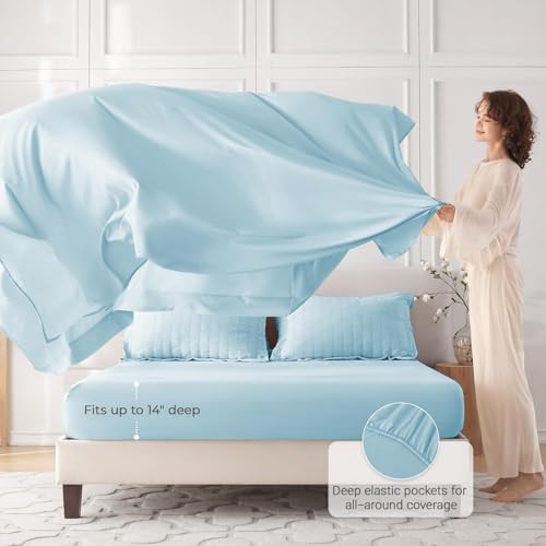 MUXHOMO 5 Pieces Twin XL Comforter Set, Seersucker Bed in a Bag Twin XL Size, All Season Luxury Bedding Set with Comforter, Flat Sheet, Fitted Sheet, Pillowcase & Sham, Lake Blue