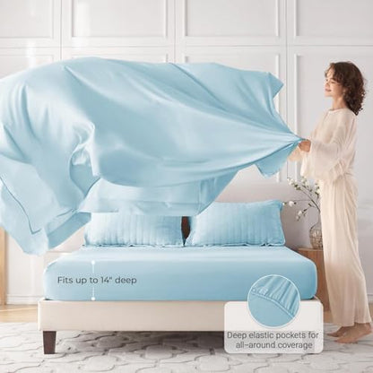 MUXHOMO 5 Pieces Twin XL Comforter Set, Seersucker Bed in a Bag Twin XL Size, All Season Luxury Bedding Set with Comforter, Flat Sheet, Fitted Sheet, Pillowcase & Sham, Lake Blue