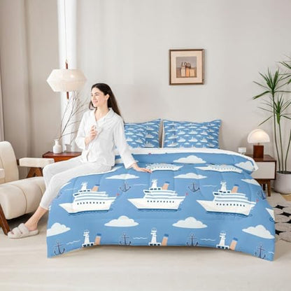 Erosebridal Boys Nautical Sailboat Queen Bed in A Bag, Ocean Ship Comforter Set with Sheets, Boat Anchor 7-Piece Bedding Set, White Cloud Blue Sky Nautical Bed Sets for Kids Teens Youth Men Bedroom