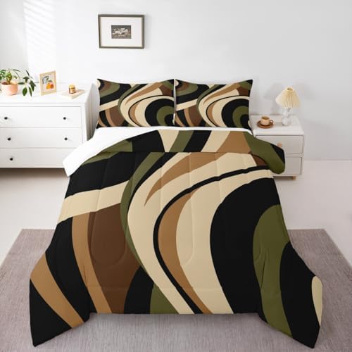 Castle Fairy Stripes Comforter Set King Size Brown Black Green Swirls Bedding Set 3pcs for Kids Boys Men Room Decor Vintage Abstract Styles Quilt Set Microfiber Duvet Insert with 2 Pillowcases