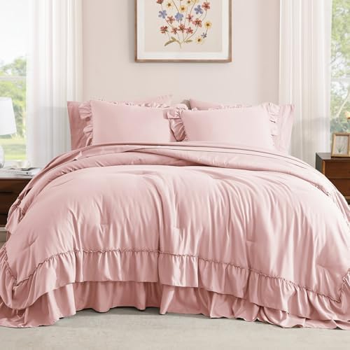 California King Comforter Set Soft Pink Ruffle 7 Pieces Bed in a Bag