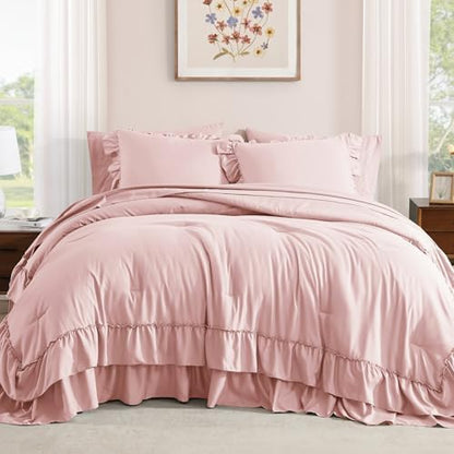 California King Comforter Set Soft Pink Ruffle 7 Pieces Bed in a Bag