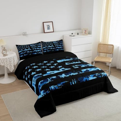 Erosebridal American Flag Comforter Set Full for Boys Kids Teens Bedroom, Camouflage Bedding Set United States Down Comforter USA Federations Stars Duvet Sets 3 Pieces with 2 Pillow Cases, Blue Black