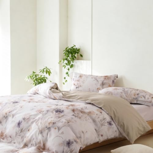 Queen Comforter Set 3 Pieces, 100% Cotton Watercolor Beige Floral Bedding Set for All‑Season, Soft Reversible Comforter with 2 Pillow Shams