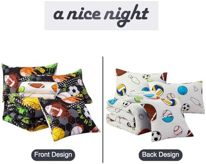 A Nice Night 6Pcs Bed in A Bag Full Sports Microfiber Comforter Set,Black Rugby Ball Basketball Printed Bedding Collections,for Boys Kids Teen